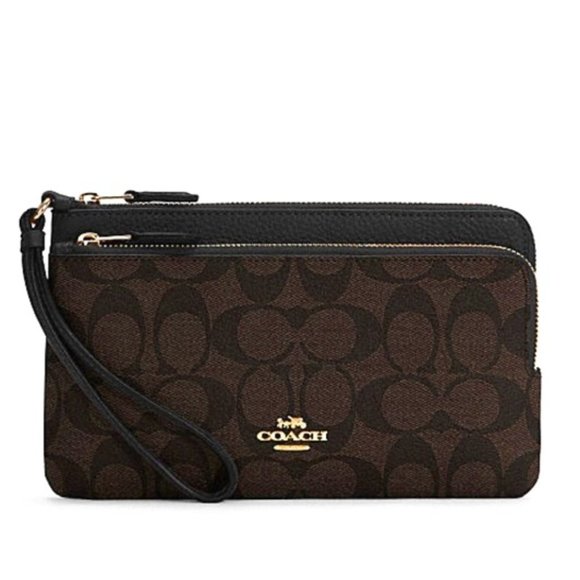 Coach Handbags - Coach Large Signature Coated Canvas Double Zip Wallet Wristlet